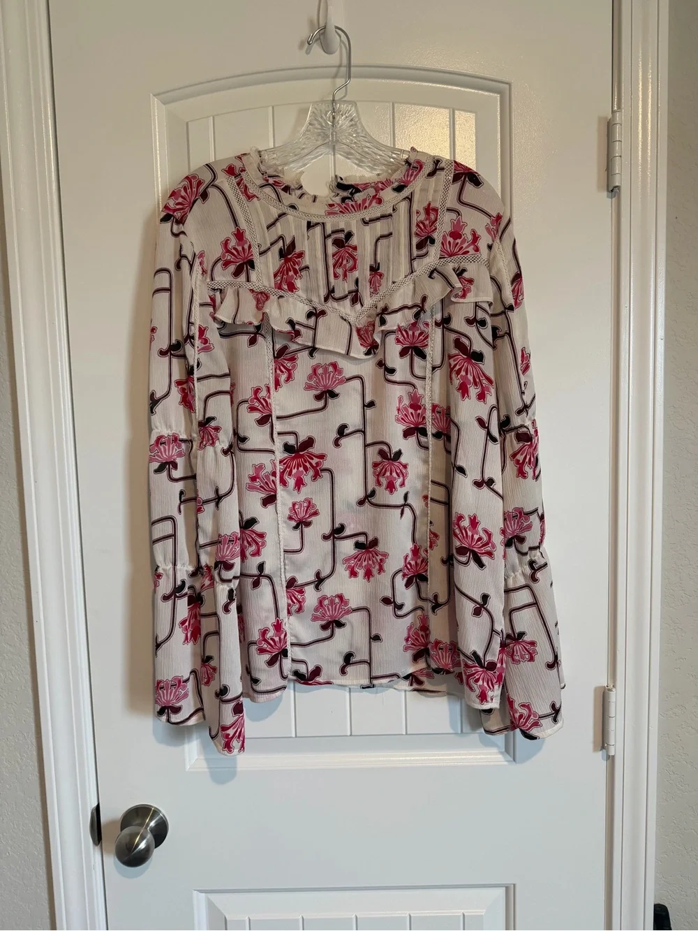 Ann Taylor Cream Blouse with Pink Floral Ruffle Yoke and Black Vine Detail